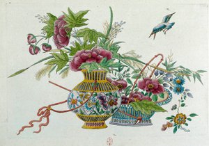 Blomster i en vase. Tegningen kommer fra en kinesisk vase. Maleri av Jean Antoine Fraisse (1700-tallet)