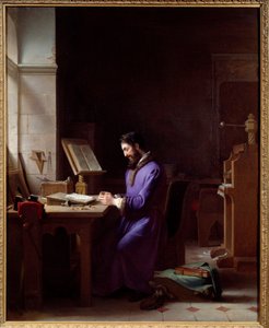 Johannes Gensfleisch Gutenberg (1400-1468) oppfinner trykkpressen Den tyske boktrykkeren er en representant som håndterer karakterer på kontoret sitt. Maleri av Jean Antoine Laurent (1763-1832) 1830 Grenoble, Musee des Beaux Arts