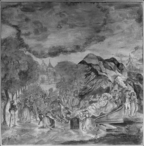 Folk som arkiverer forbi Marats lik nær grotten til Les Cordeliers, 1793 (blyant og wc på papir)