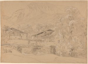 En alpelandsby om sommeren (svart kritt og grafitt fremhevet med hvitt kritt på brunt papir) av Jean Antoine Linck