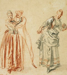 En scene fra commedia dell"arte: En jente som motsetter seg fremskritt fra en komiker, og en skuespillerinne som utfører et skritt, ca. 1718 av Jean Antoine Watteau
