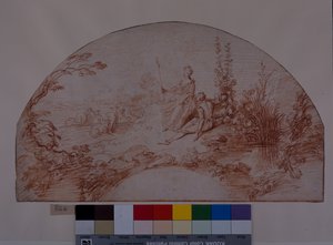 En gjeterinne som sitter med svanen sin (rødt kritt på hvitt papir) av Jean Antoine Watteau