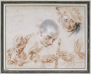 Hukende barn, to mannlige hoder, ett med beret, armer og hender på en blokkfløyte av Jean Antoine Watteau