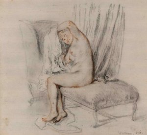 Naken kvinne fjerner kjemien, ca 1717. av Jean Antoine Watteau