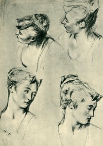 Fire studier av kvinnelige hoder, tidlig på 1700-tallet, 1943. av Jean Antoine Watteau