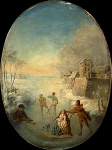 Gentlefolk on the Ice ved en bymur om vinteren (olje) av Jean Antoine Watteau