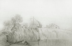 Hus på kanten av en bratt klippe (rødt kritt på papir) av Jean Antoine Watteau