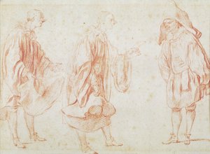 Italienske skuespillere (rødt kritt på papir) av Jean Antoine Watteau