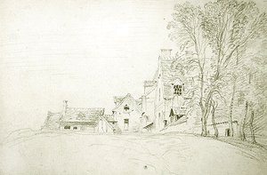 Landskap langs en vei omkranset av trær (rødt kritt på papir) av Jean Antoine Watteau