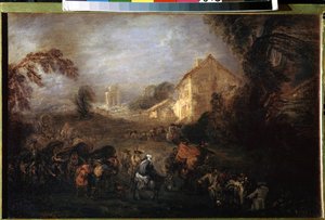 Krigens byrde. Maleri av Jean Antoine Watteau (1684-1721). Olje på kobber, 21,5 x 33,5 cm, ca 1713. Fransk kunst, rokokkokunst. Eremitasjemuseet, St. Petersburg. av Jean Antoine Watteau