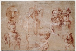 Pierrots maske, fem jenter i byste, en mannsdrapering og en kvinnes ansikt. Tegning av blod- og kritthekker av Jean Antoine Watteau (1684-1721) 1700-tallets søn. 0,27x0,4 m Paris, Musée du Louvre av Jean Antoine Watteau