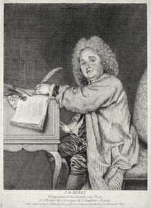 Portrett av Jean-Ferry Rebel (1666-1747) gravert av Moyreau av Jean Antoine Watteau