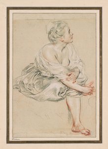 Sittende ung kvinne, ca. 1716 (svart, rødt og hvitt kritt på papir) av Jean Antoine Watteau