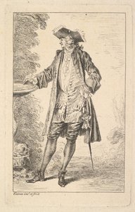 Stående mann med høyre hånd hvilende på et basseng, vist i trekvart sett med..., ca. 1710. av Jean Antoine Watteau