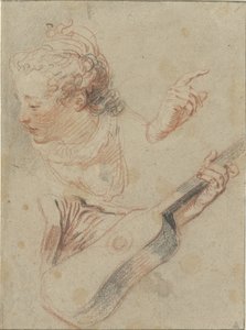 Studieark med et nedslått jentehode, en gitar og hendene som spiller dem av Jean Antoine Watteau