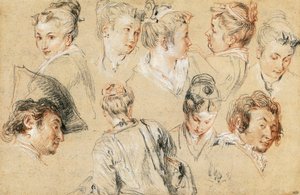 Studie av hoder, av Jean-Antoine Watteau (1684-1721), tegning av Jean Antoine Watteau