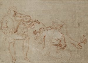 Studie av to fiolinister og et par hender, som holder en arm (rødt og hvitt kritt på papir) av Jean Antoine Watteau