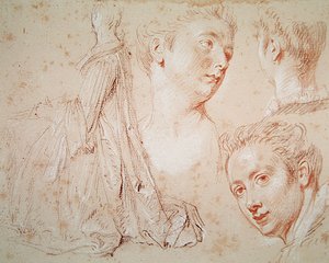 Three Heads and a Seated Woman, ca. 1716 (fargestift med svart og rødt kritt på papir) av Jean Antoine Watteau