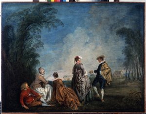 Et pinlig forslag. Maleri av Jean Antoine Watteau (1684-1721). Olje på lerret, 65 x 84,5 cm av Jean Antoine Watteau