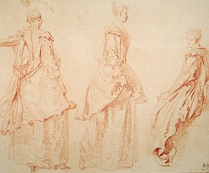 Tre kvinner, en sitter til høyre (rødt kritt på papir) av Jean Antoine Watteau