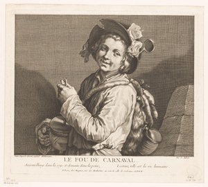Gutt med en søppelpotte Le Fou de Carnival (tittel på objekt) av Jean Aubert