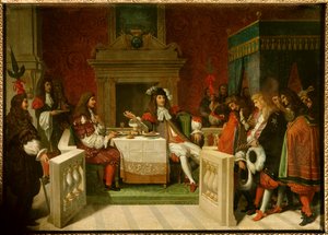 Ludvig XIV og Moliere: Kong Ludvig XIV (1638-1715) og Jean Baptiste Poquelin dit Moliere (1622-1673) til bords foran hoffmennene. Maleri av Jean Auguste Dominique Ingres (1780-1867) av Jean Auguste Dominique Ingres