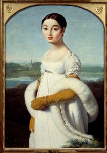 Portrett av frøken Caroline Riviere, den unge kvinnen, er kledd i det første imperiets mote. Maleri av Jean Auguste Dominique Ingres (1780-1867) 1805 Søn. 1x0,7 m - Portrett av Mademoiselle Caroline Riviere: Den unge kvinnen er kledd i mote av Jean Auguste Dominique Ingres