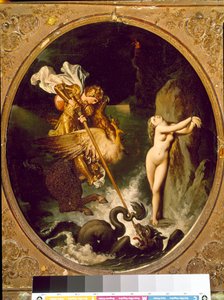 Roger delivrant Angelique Angelique (Angelica) blir frigjort av Roger (Ruggero, Ruggiero) rir på en flodhest - Illustrasjon av X-sangen til "" Furious Roland" (Orlando furioso) av Ludovic Ariosto (Arioste) - Maleri av Jean Auguste Dominique Ingres ( 178 av Jean Auguste Dominique Ingres