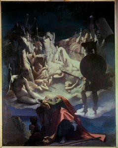 Drømmen om Ossian Illustrasjon av operaen "" Ossian or the Bards"" av Jean Francois (Jean-Francois) Le Sueur (Lesueur) (1760-1837), barden Ossian var en skotsk poet fra det 3. århundre lest av Napoleon, han er en representant som sover på en lyre, behi av Jean Auguste Dominique Ingres