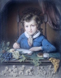 Portrett av en gutt som sitter i en vindusnisje og har på seg en blå jakke av Jean Augustin Daiwaille (attributed to)