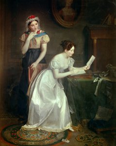 Svaret på brevet En ung kvinne skynder seg å svare på brevet til sin elsker - Maleri av Jean Augustin (Jean-Augustin) Franquelin (1798-1839) 1800-tallet Søn 0,46x0,38 m av Jean Augustin Franquelin