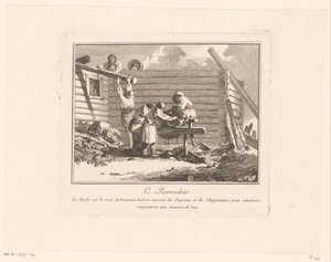 Figurer ved en saks-smell foran et trehus under bygging Le Remouleur (tittel på objekt)