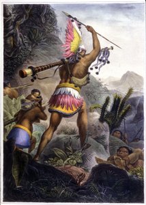 En Coroado-indianer som gir signalet for pensjonisttilværelse, 1839 (farge litho)