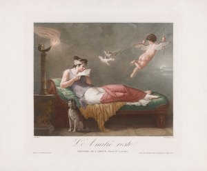 Cupid leverer et kjærlighetsbrev. 1800-tallet (trykk) av Jean Baptiste (after) Mallet