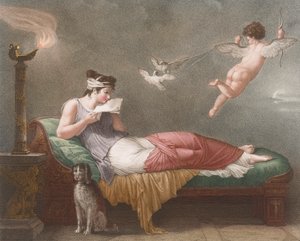 Cupid leverer et kjærlighetsbrev. 1800-tallet (trykk) av Jean Baptiste (after) Mallet