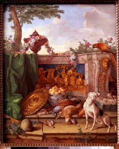 Plakett som viser jaktene til Ludvig XVI (1754-1793): detalj som representerer et hundeholdende vilt. Maleri på porselen av Philippe Castel (ca. 1746-1797) av Jean Baptiste Oudry (1686-1755) 1778-1781 Søn. 0,39x0,49 m Versailles, musee du chateau.
