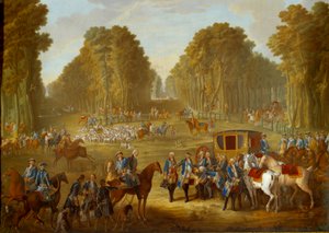 Plakett som viser jaktene til Ludvig XVI: møtet ved krysset mellom brønnen du Roi i Compiegne-skogen. Maleri på mykt porselen av Nicolas Pierre Pithou l'Aine (aktiv fra 1757 til 1790) av Jean Baptiste Oudry (1686-1755) 1781 Søn. 0,39x0,
