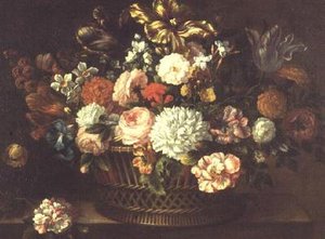 Peoner, tulipaner, narcissi og andre blomster i en kurv av Jean Baptiste (attr. to) Monnoyer