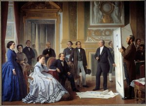 Arkitekten Louis Visconti (1791-1853) presenterer for Napoleon III planen for det nye Louvre-maleriet av Ange Tissier (1814-1876) 1865, olje på lerret