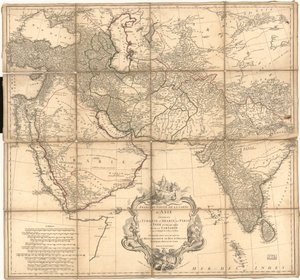 Relieff vist med hachures og billedmessig. LC-kopi kommentert med blekk for å vise grenser. Også tilgjengelig via Library of Congress-nettstedet som et rasterbilde av Jean Baptiste Bourguignon dAnville