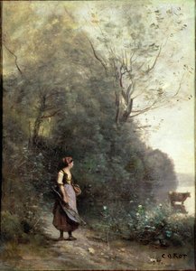 En bondekvinne som beiter en ku i kanten av en skog, ca. 1865-70 av Jean Baptiste Camille Corot