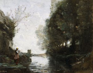 En elv med et firkantet tårn og en bonde i forgrunnen, ca. 1865-70 av Jean Baptiste Camille Corot