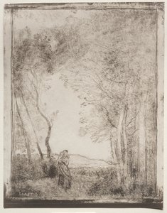 En ung mor ved inngangen til en skog av Jean Baptiste Camille Corot