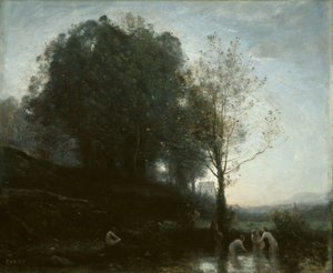 Badende nymfer og barn av Jean Baptiste Camille Corot