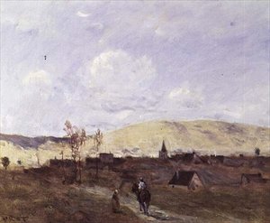 Cavalier i syne av en landsby av Jean Baptiste Camille Corot
