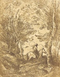 Horseman in the Woods, Large Plate Le Grand Cavalier sous bois, ca. 1854. av Jean Baptiste Camille Corot