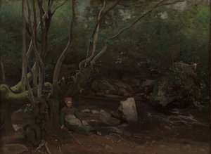 Lormes: Geit-jente som sitter ved siden av en bekk i en skog av Jean-Baptiste-Camille Corot