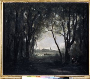 ""Paysage au lac"" (Landskap med en innsjø) Maleri av Camille Corot (1796-1875) 1865-1873 Dim. 53x65,5 cm Eremitagemuseet, St. Petersburg (Sankt-Petersburg)