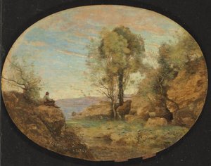 Shepherd Overlooking a Rocky Gorge, 1859 av Jean Baptiste Camille Corot