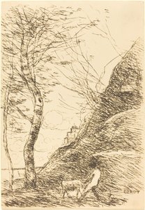 Gjeter som sliter med en geit (Berger luttant avec sa chevre) av Jean Baptiste Camille Corot